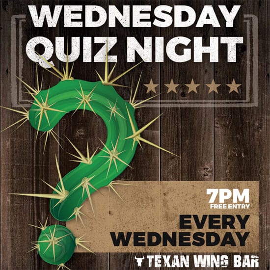Wednesday Quiz Night event banner at Texan Wing Bar, Montecasino